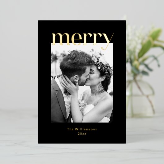 メリーはっきりしたス結婚・クリスマスの写真黒金ゴールド 箔シーズンカード (立ち正面)
