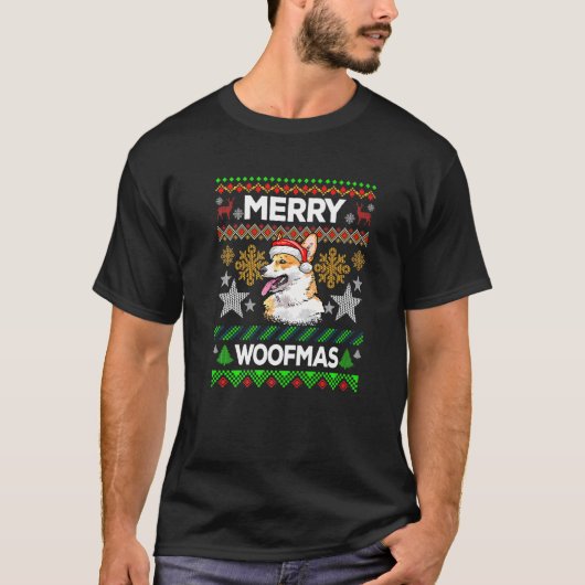 メリーウーフマス クリスマス ウェルシュコーギーのおばかセーター Tシャツ (正面)