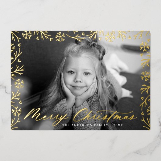 メリーエレガントクリスマスのスノーフレークのフレーム写真 箔シーズンカード (正面)
