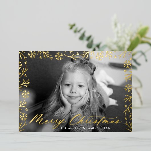 メリーエレガントクリスマスのスノーフレークのフレーム写真 箔シーズンカード (立ち正面)