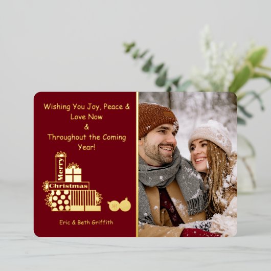 メリーエレガントクリスマスのプレゼント写真 箔シーズンカード (立ち正面)