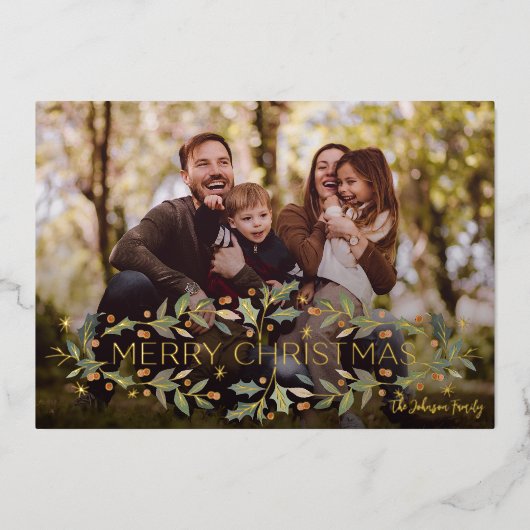 メリーエレガントクリスマスのホリー写真 箔シーズンカード (正面)