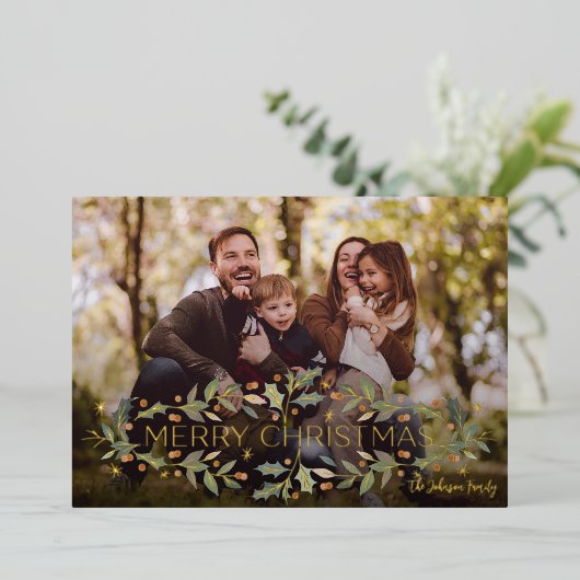 メリーエレガントクリスマスのホリー写真 箔シーズンカード (立ち正面)