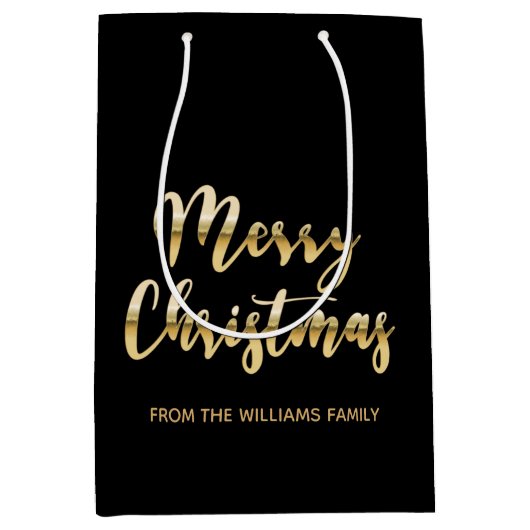 メリーエレガントクリスマスの台本メタリック金ゴールドブラック ミディアムペーパーバッグ (正面)