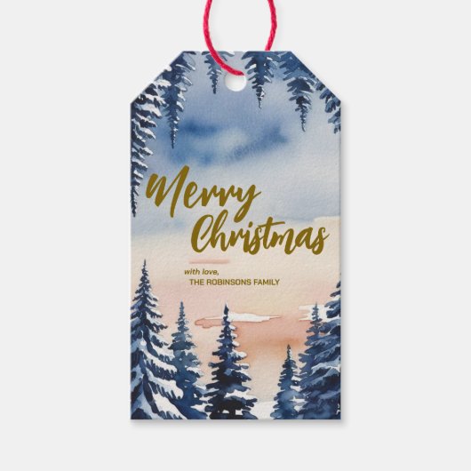 メリーエレガントクリスマスの木の森の金ゴールドスクリプト休日 ギフトタグ (正面)