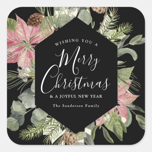 メリーエレガントクリスマスの水の色のフローラ緑 スクエアシール (正面)