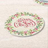 メリーエレガントクリスマスの緑と果実 ラウンドペーパーコースター (アングル)