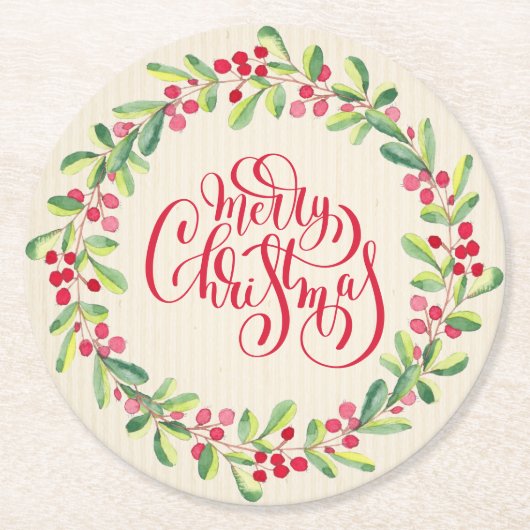 メリーエレガントクリスマスの緑と果実 ラウンドペーパーコースター (正面)