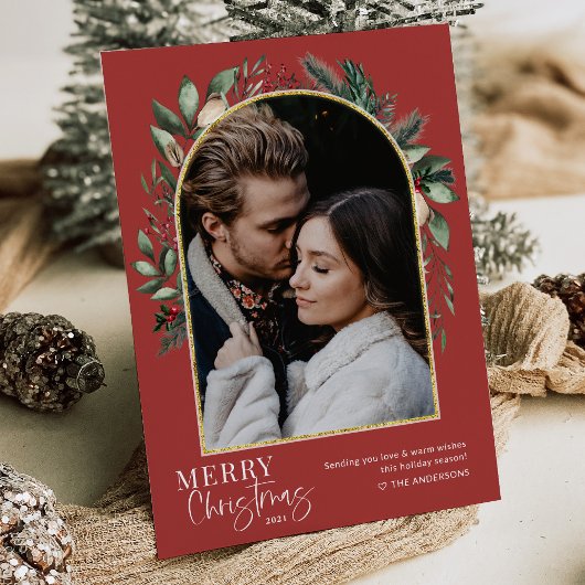 メリーエレガントクリスマスの緑の金ゴールドアーチ写真 シーズンカード