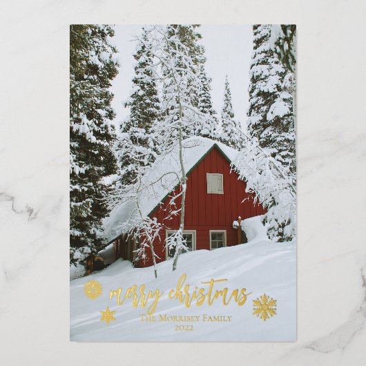メリーエレガントクリスマスの雪片の写真 箔シーズンカード (正面)