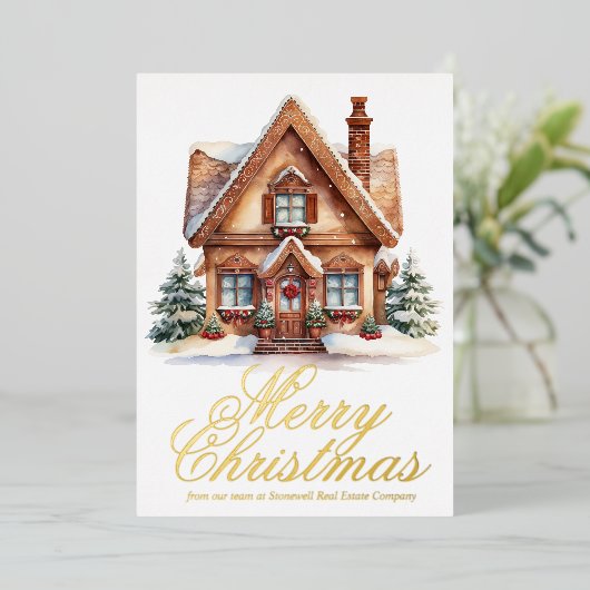 メリーエレガントクリスマスカスタムハウス会社金ゴールド 箔シーズンカード (立ち正面)