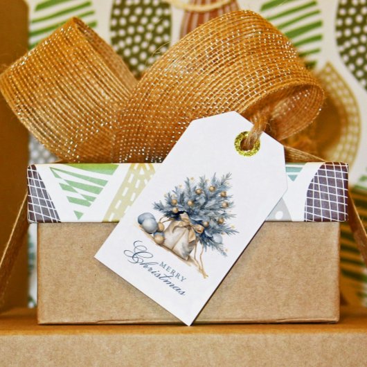 メリーエレガントクリスマスツリー金ゴールドブルーウォーター色 ギフトタグ