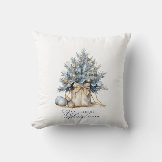 メリーエレガントクリスマスツリー金ゴールドブルーウォーター色 クッション (正面)