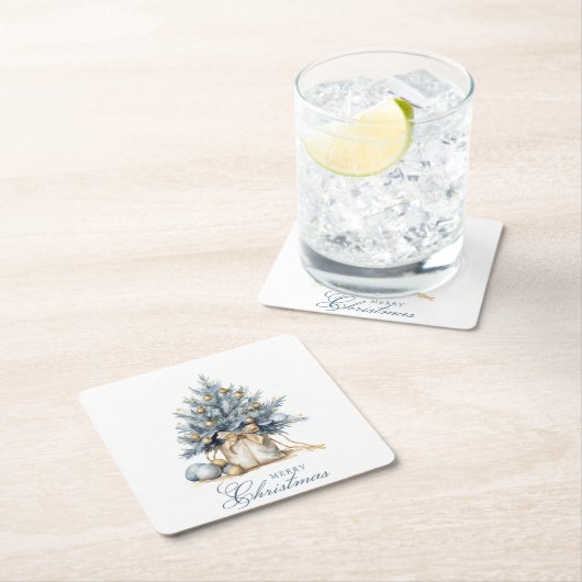 メリーエレガントクリスマスツリー金ゴールドブルーウォーター色 スクエアペーパーコースター (インサイチュ)