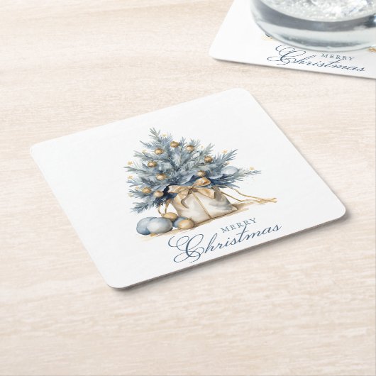 メリーエレガントクリスマスツリー金ゴールドブルーウォーター色 スクエアペーパーコースター (アングル)