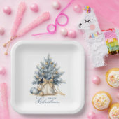 メリーエレガントクリスマスツリー金ゴールドブルーウォーター色 ペーパープレート (パーティー)