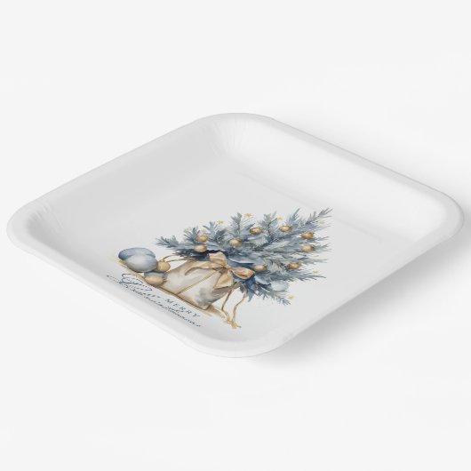 メリーエレガントクリスマスツリー金ゴールドブルーウォーター色 ペーパープレート (傾斜あり)