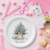 メリーエレガントクリスマスツリー金ゴールドブルーウォーター色 ペーパープレート (パーティー)