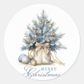 メリーエレガントクリスマスツリー金ゴールドブルーウォーター色 ラウンドシール (正面)