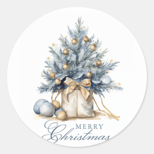 メリーエレガントクリスマスツリー金ゴールドブルーウォーター色 ラウンドシール (正面)