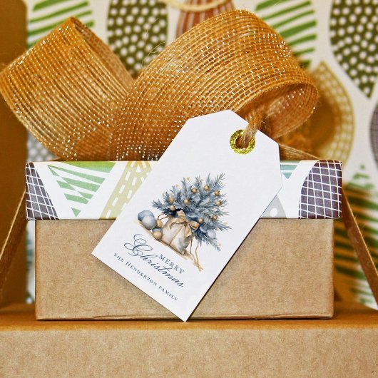 メリーエレガントクリスマスツリー金ゴールドブルー名前をカスタムする ギフトタグ