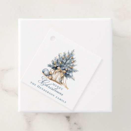 メリーエレガントクリスマスツリー金ゴールドブルー名前をカスタムする フェイバータグ (インサイチュ)