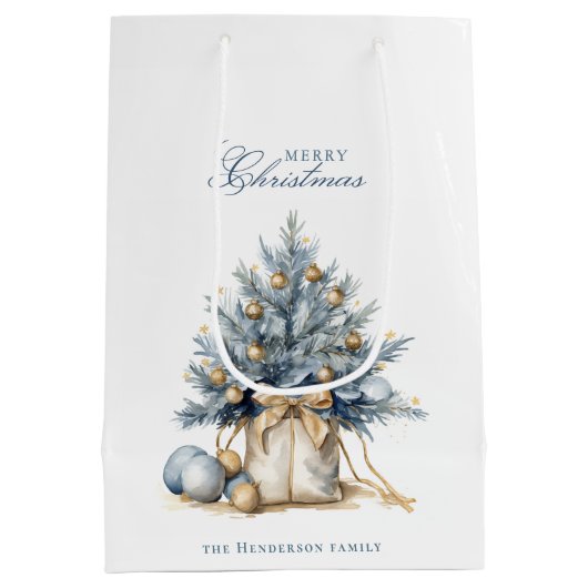 メリーエレガントクリスマスツリー金ゴールドブルー名前をカスタムする ミディアムペーパーバッグ (裏面)