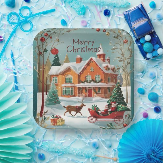 メリーエレガントクリスマスフェスティバルスクエア ペーパープレート (パーティー)