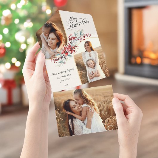 メリーエレガントクリスマスフローラ金ゴールドアーチ2 – 写真 オールインワン招待状