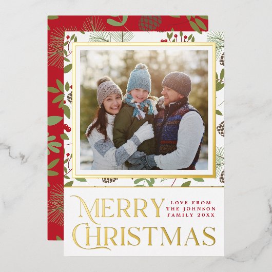 メリーエレガントクリスマスホリーピネコーンフォト金ゴールド 箔シーズンカード (正面/裏面)