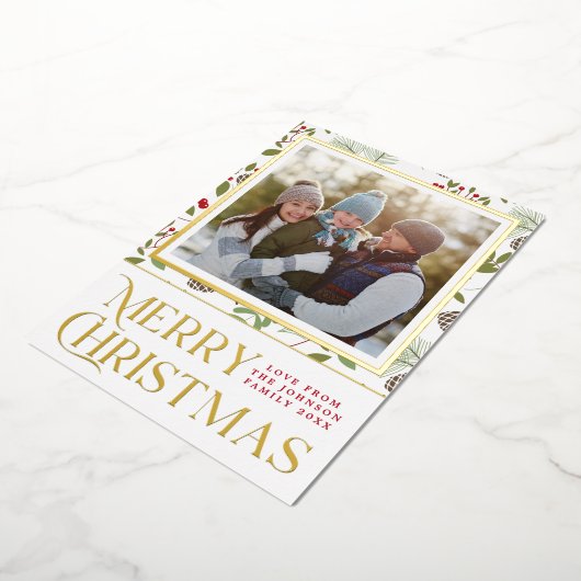 メリーエレガントクリスマスホリーピネコーンフォト金ゴールド 箔シーズンカード (回転した状態)