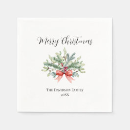 メリーエレガントクリスマス家族の水彩緑 スタンダードカクテルナプキン