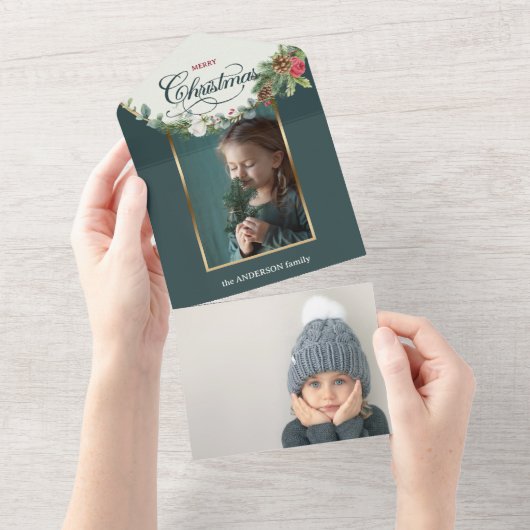 メリーエレガントクリスマス書道フローラ写真 オールインワン招待状 (貼ってはがせる)