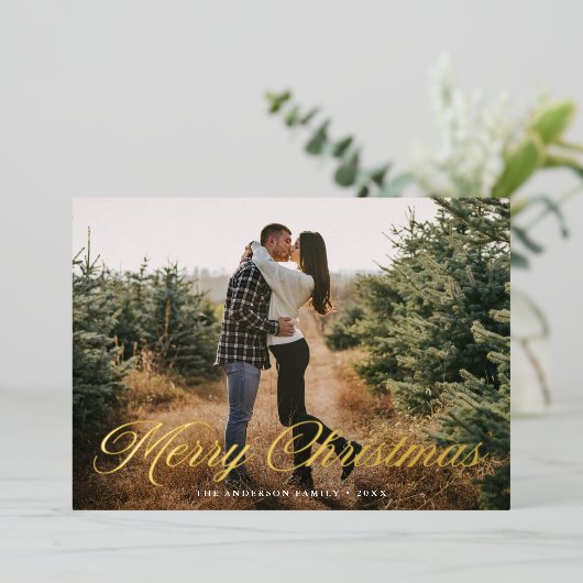 メリーエレガントクリスマス書道黒写真 箔シーズンカード (立ち正面)