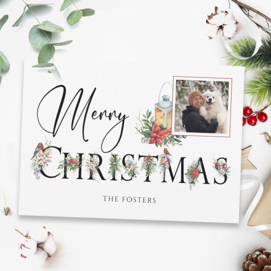 メリーエレガントクリスマス植物園タイポグラフィ写真 三つ折りクリスマスカード