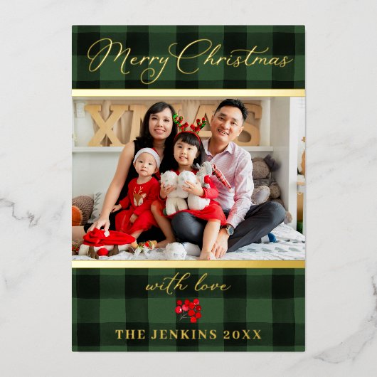メリーエレガントクリスマス緑と赤の写真金ゴールド 箔シーズンカード (正面)