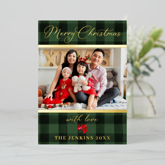 メリーエレガントクリスマス緑と赤の写真金ゴールド 箔シーズンカード (立ち正面)