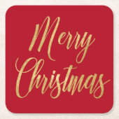 メリーエレガントクリスマス赤&金ゴールドスクリプトシンプル スクエアペーパーコースター (正面)