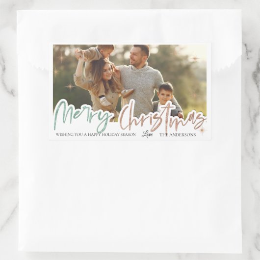 メリーエレガントクリスマス金ゴールドスター家族写真 長方形シール (バッグ)