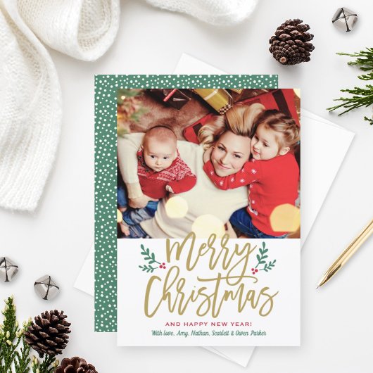 メリーエレガントクリスマス金ゴールドブラシ付きスクリプトフォト シーズンカード