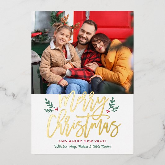 メリーエレガントクリスマス金ゴールドブラシ付きスクリプトフォト 箔シーズンカード (正面)