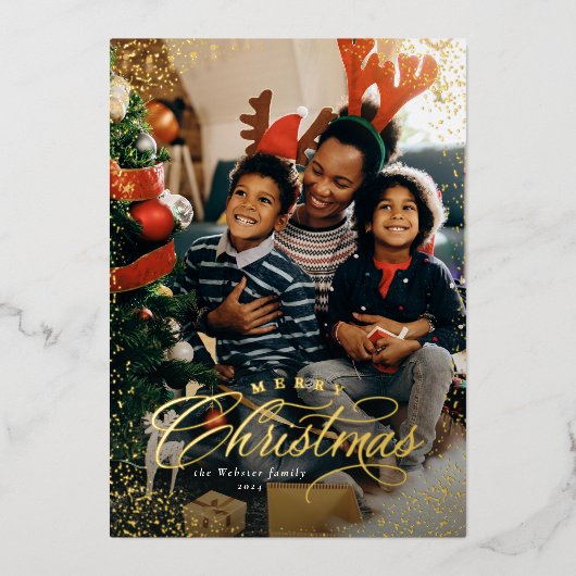 メリーエレガントクリスマス1枚の写真の雪フレーム 箔シーズンカード (正面)