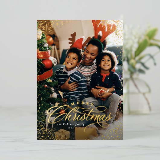 メリーエレガントクリスマス1枚の写真の雪フレーム 箔シーズンカード (立ち正面)