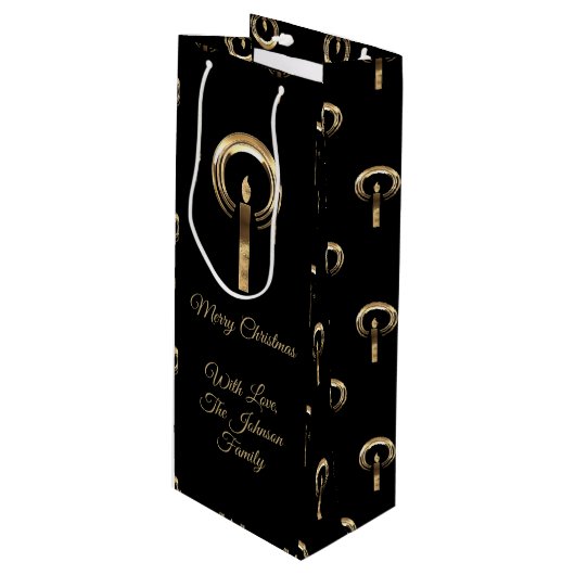メリーエレガントクリスマス・キャンドルブラック&金ゴールドルック ワインギフトバッグ (正面アングル)