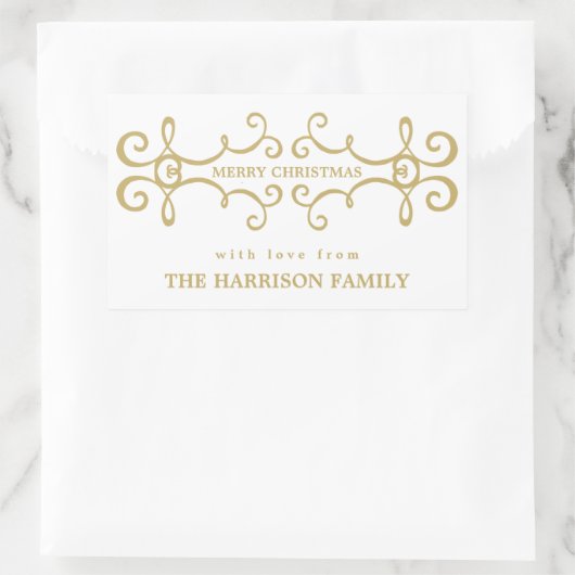 メリーエレガントクリスマス・ギフトラベル/ホワイト金ゴールド 長方形シール (バッグ)