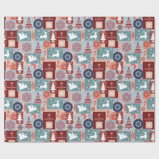 メリーエレガントクリスマス・ブルー・レッド・コラージュ ラッピングペーパー (フラット)