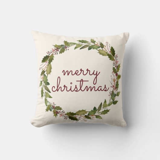メリーエレガントクリスマス・ホリーベリーヴィンテージスクリプト クッション (正面)