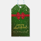 メリーエレガントクリスマス、金ゴールド紙吹雪、レッドボウ ギフトタグ (正面)