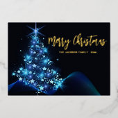 メリーエレガントスクリスマスブルーの輝く木 箔シーズンカード (正面)