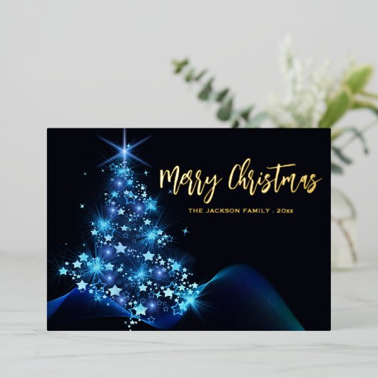 メリーエレガントスクリスマスブルーの輝く木 箔シーズンカード (立ち正面)